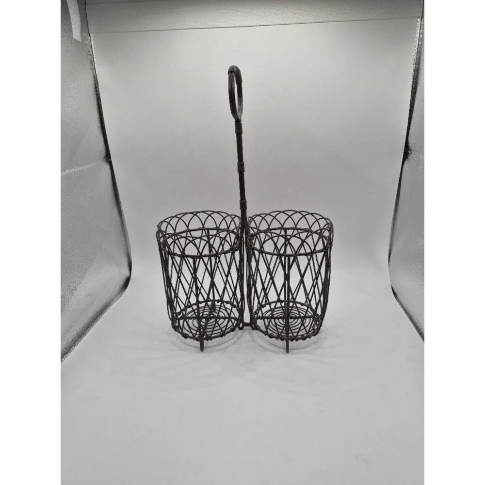 Metal Black Wire Wicker 2 Caddy Carrier Tote W/ Handle Wine Caddy Utensil Caddy